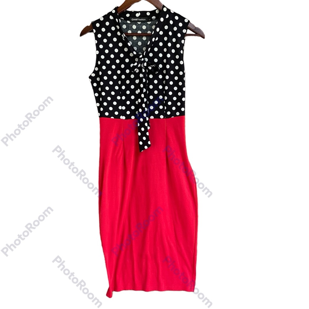 Oxiuli Fashion, Black W/White Polka Dots Top W/Red Skirt Dress, Sz Large Mermaid